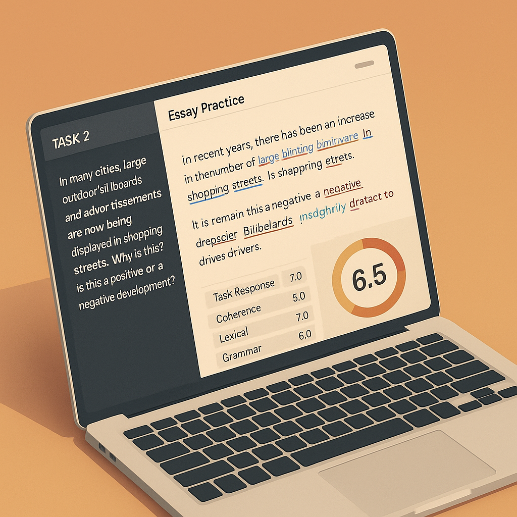 IELTS essay practice interface with band score gauge